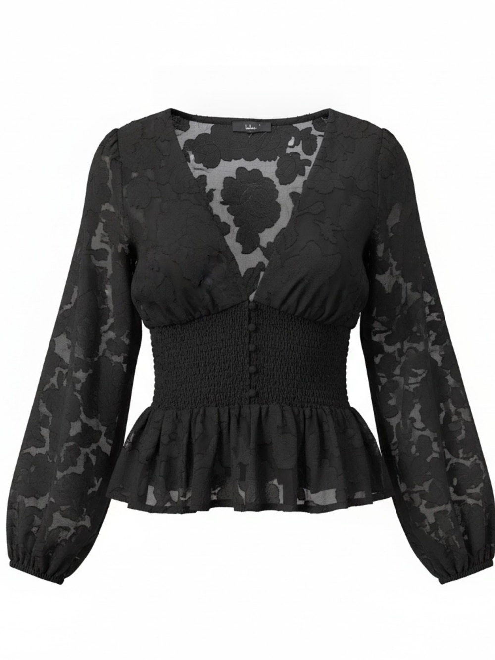 Lulu's Black Lace Peplum V-Neck Smocked Waist Blouse
